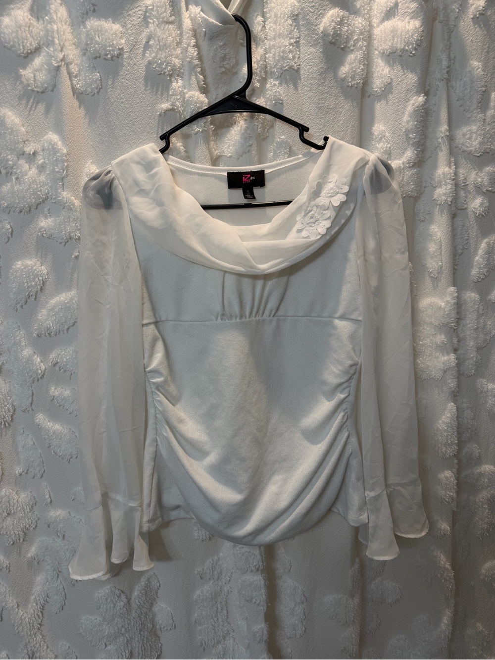 Iz Byer White Sheer-Sleeve Draped Neck Blouse